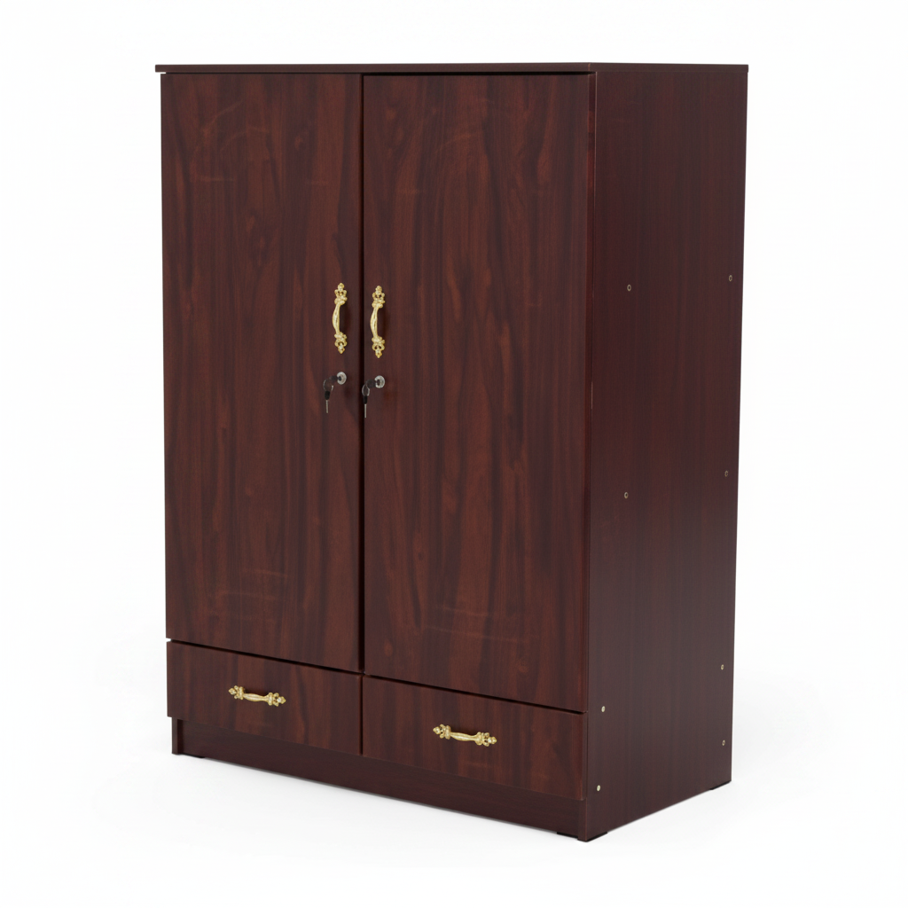 Dark Mahogany 2-Door Wooden Wardrobe with Gold Handles & Bottom Drawers – Premium Bedroom Storage UAE | INFINI HOMES
