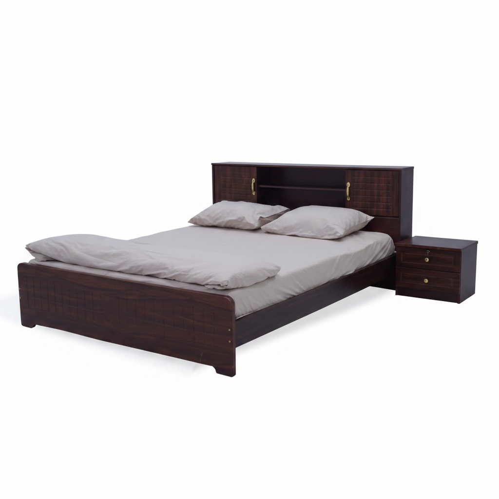 Dark Walnut Wood Bed with Built-in Storage Headboard and Bedside Table – Buy Online UAE