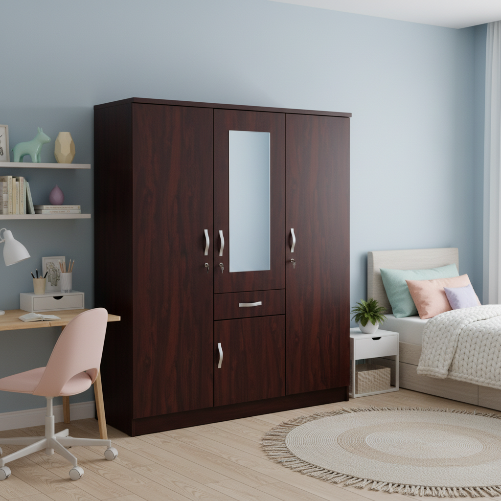 3 Door Wardrobe with Mirror for Kids Room in Dark Walnut – Bedroom Furniture UAE