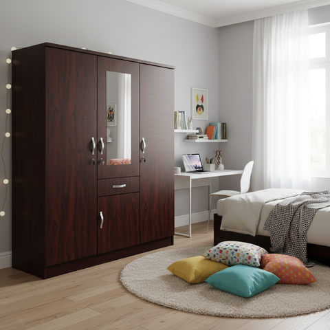 Dark Walnut Three Door Wardrobe with Mirror – Teen Bedroom Furniture Dubai UAE