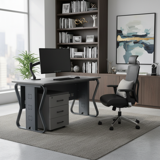 Modern Gray Office Desk with 3-Drawer Mobile Pedestal | UAE Delivery