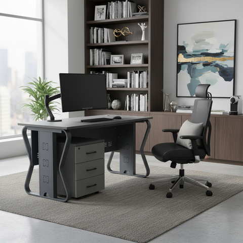 Modern Gray Office Desk with 3-Drawer Mobile Pedestal | UAE Delivery