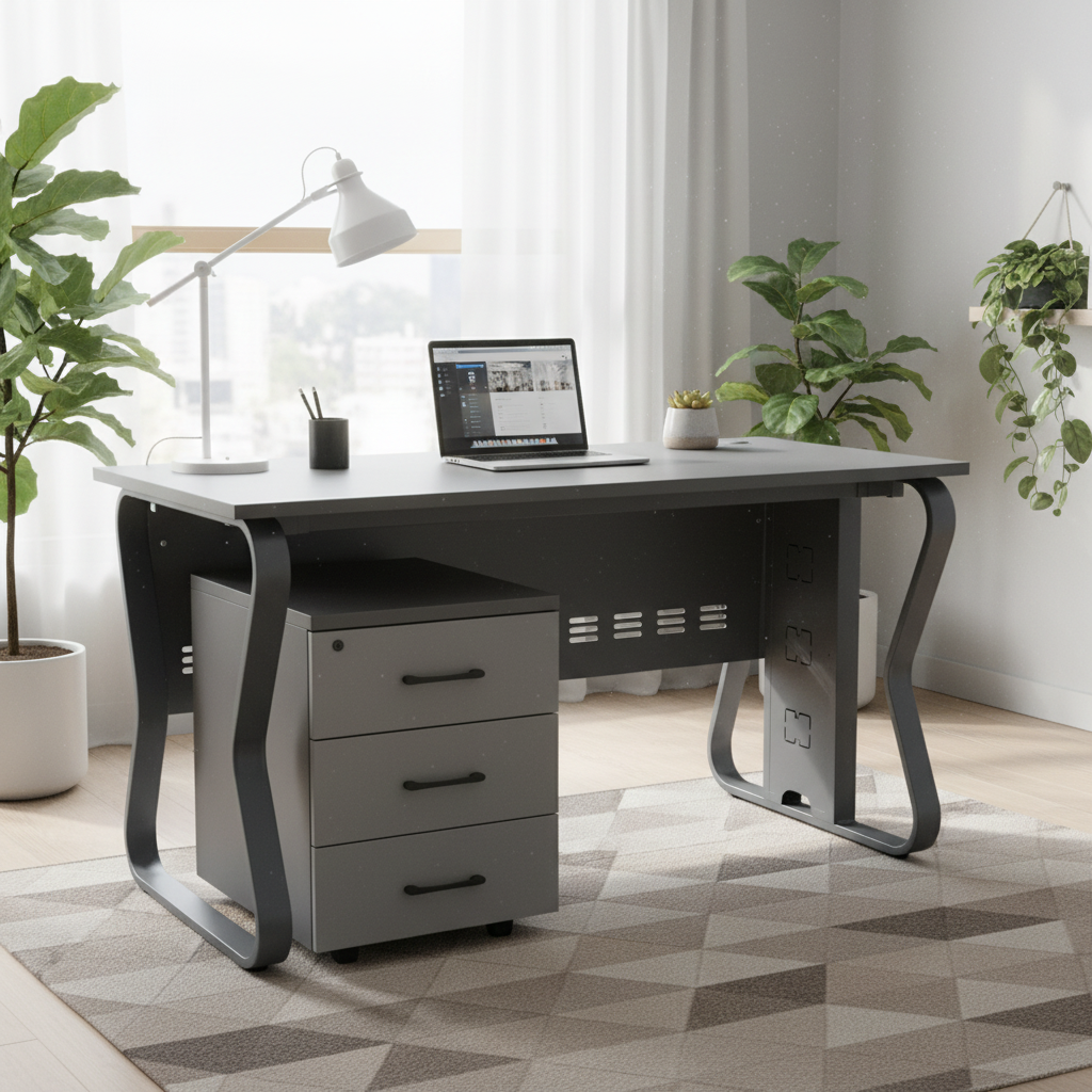 Modern Gray Office Desk with 3-Drawer Mobile Pedestal | UAE Delivery