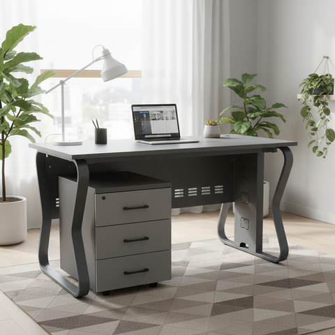 Modern Gray Office Desk with 3-Drawer Mobile Pedestal | UAE Delivery
