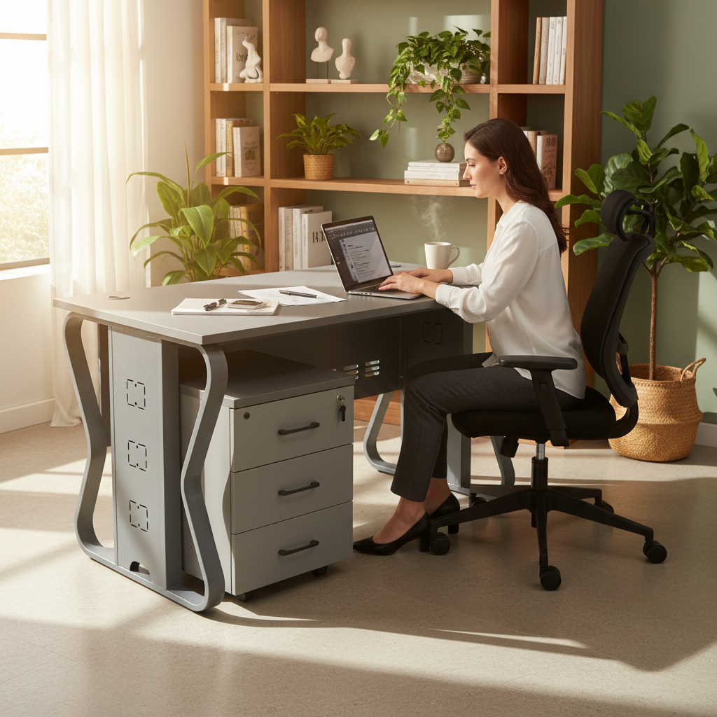 Modern Gray Office Desk with 3-Drawer Mobile Pedestal | UAE Delivery