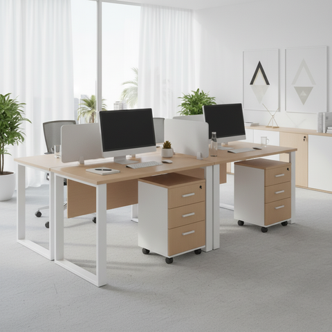 2 Person Office Workstation Desk with Drawers UAE | Oak & White 240cm | Dubai Office Furniture