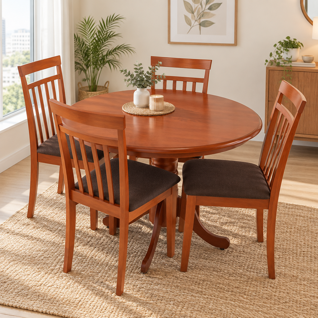 Round Wooden Dining Set (1+4) | Cherry Wood | INFINI HOMES UAE