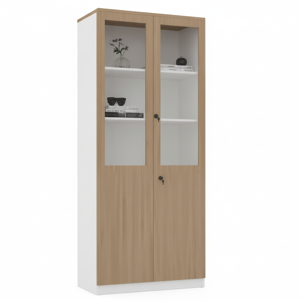 INFINI HOMES Glass Door Cabinet UAE - Model BX-D305 Oak White 200x80x40cm Dubai Abu Dhabi Sharjah