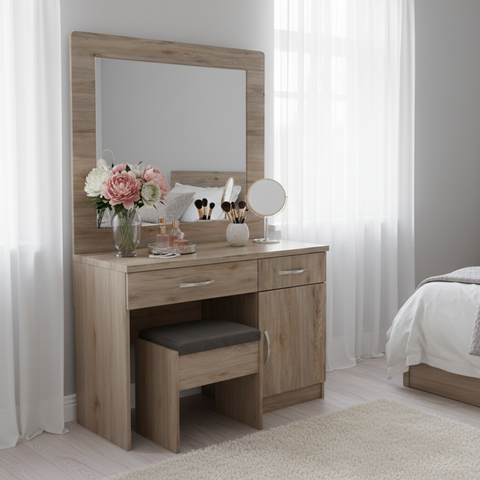 Dressing Table with Mirror Stool and Makeup Storage Dubai UAE | Oak Wood Vanity Set for Bedroom | INFINI HOMES