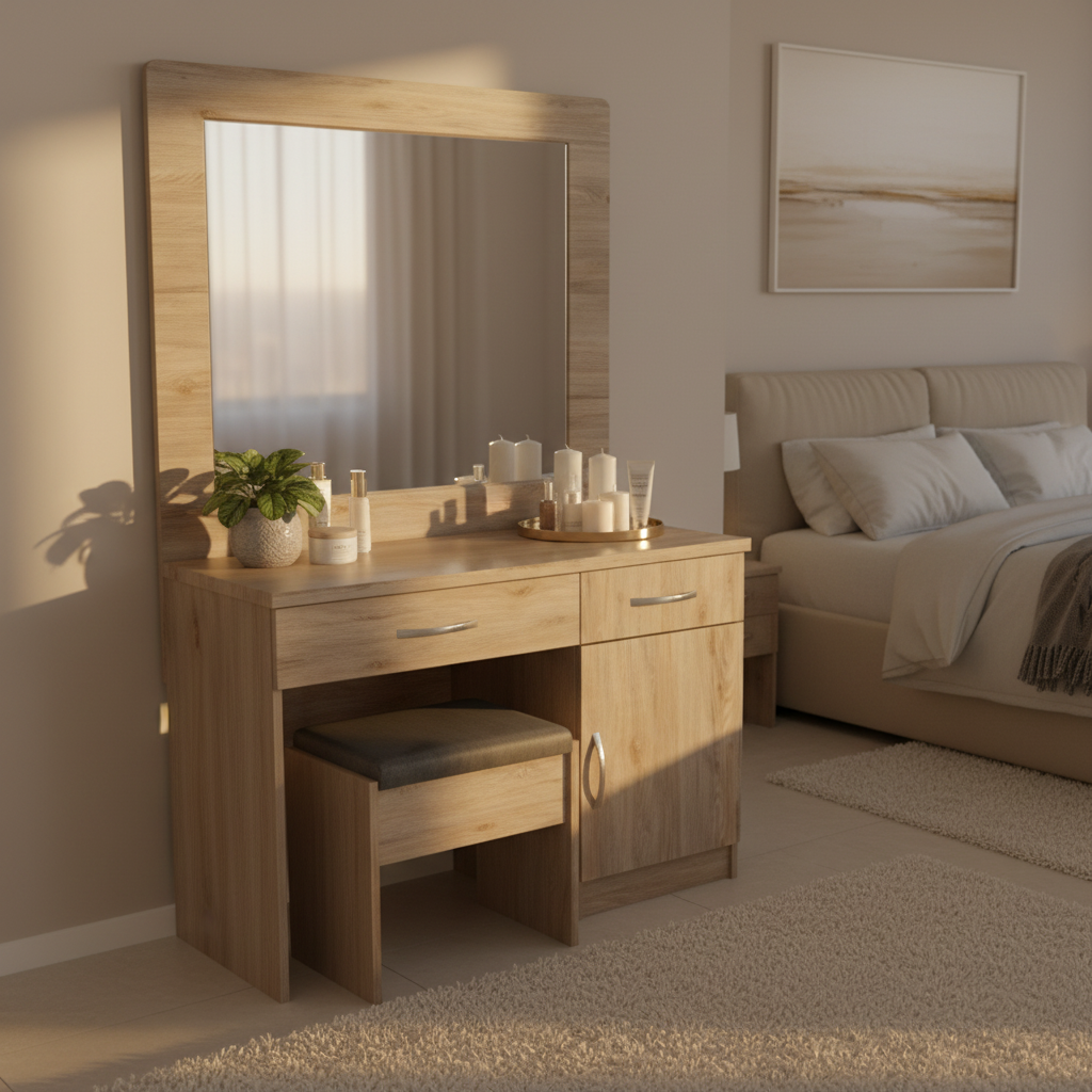 Luxury Dressing Table with Large Mirror Dubai | Oak Vanity Set with Stool and Drawers | Bedroom Furniture UAE | INFINI HOMES