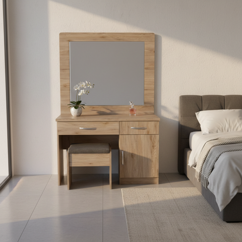 Modern Dressing Table with Mirror and Stool UAE | Oak Finish Bedroom Vanity with Drawers and Cabinet | INFINI HOMES