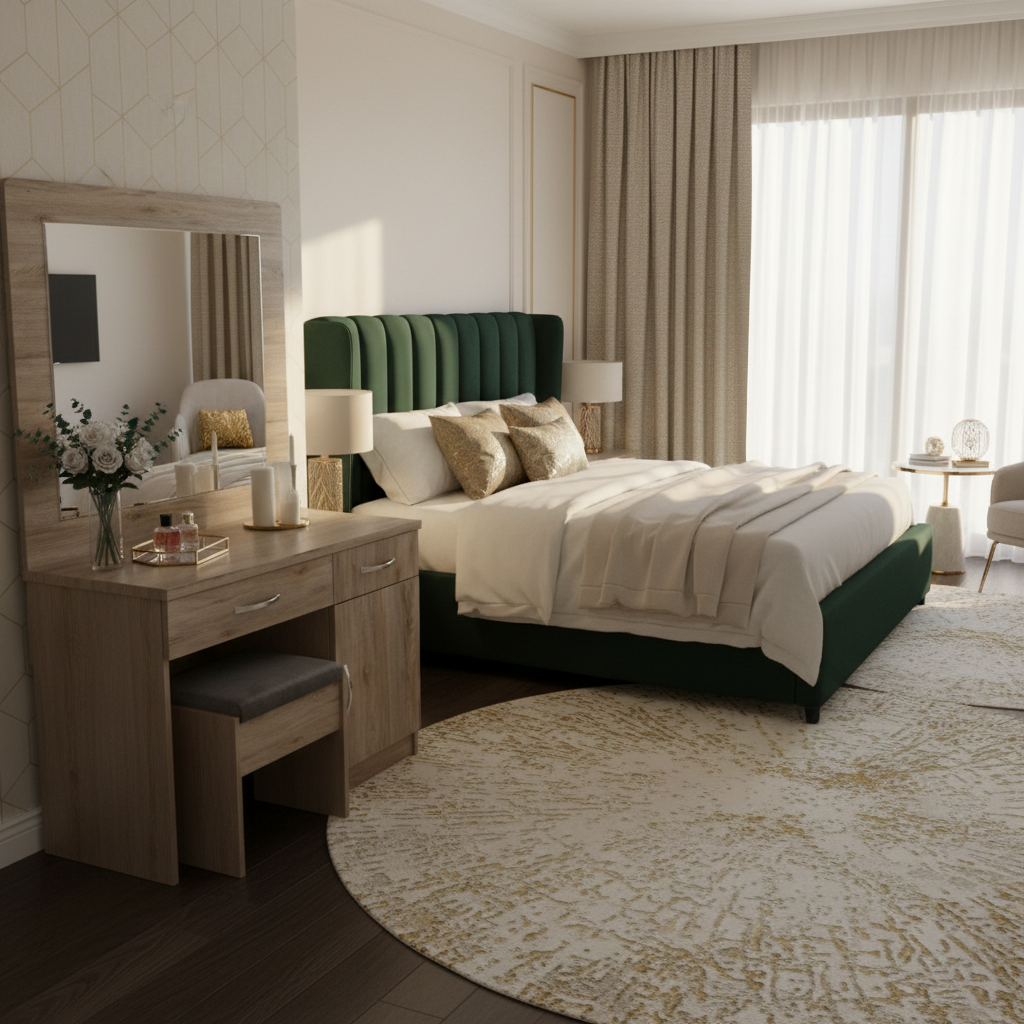Dressing Table with Mirror in Luxury Bedroom Dubai | Oak Vanity Set with Stool | Premium Bedroom Furniture UAE | INFINI HOMES