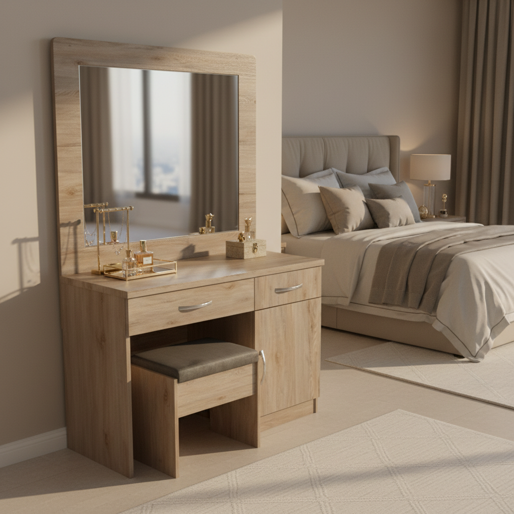 Wooden Dressing Table with Mirror and Stool Dubai UAE | Oak Finish Vanity Set with Drawers | INFINI HOMES