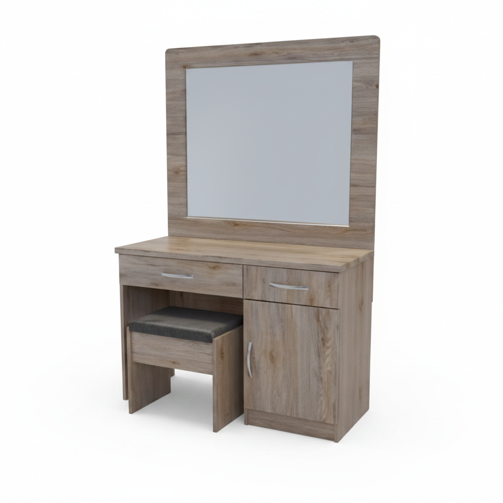 Dressing Table with Mirror and Stool White Background UAE | Oak Wood Vanity Table with Storage Drawers and Cabinet | INFINI HOMES