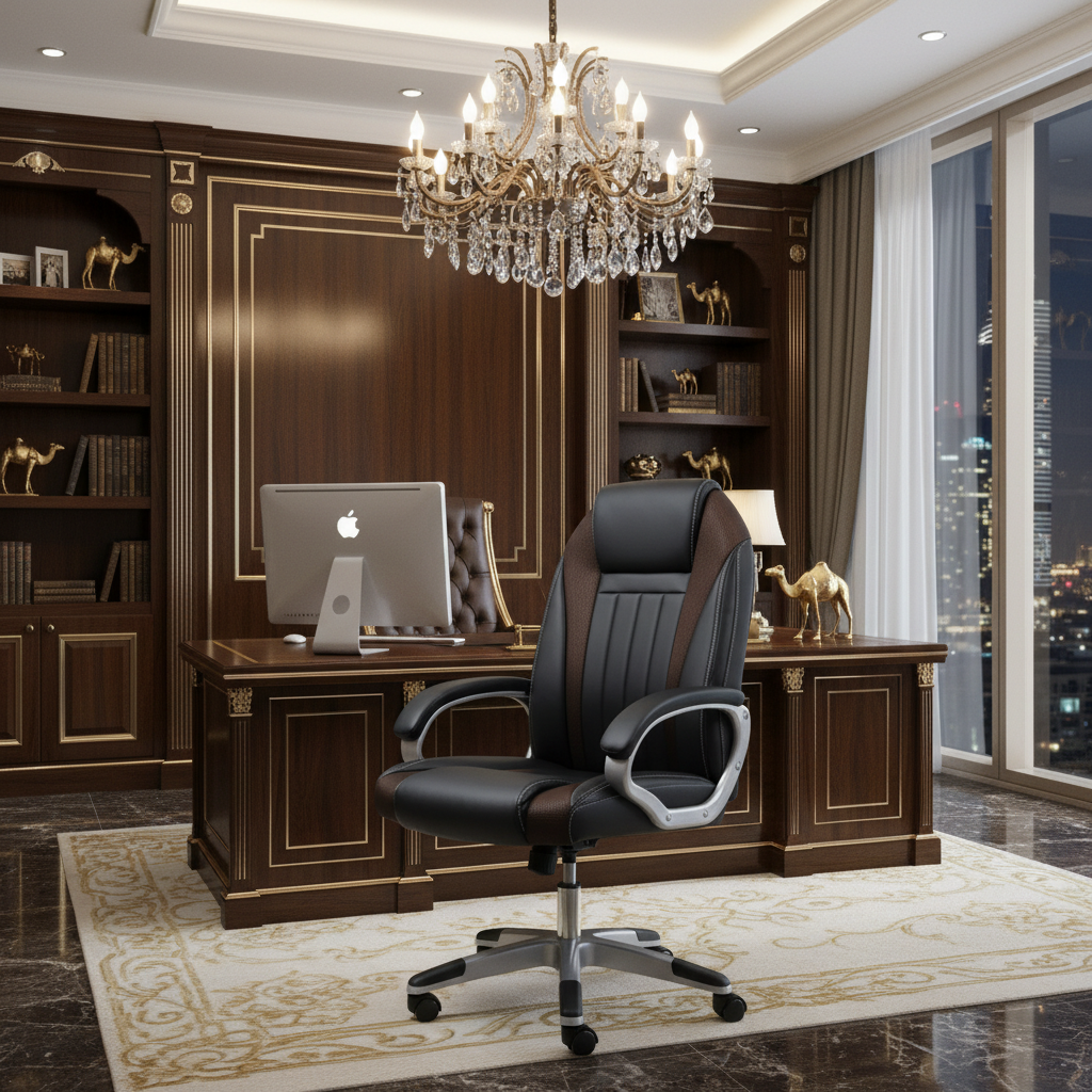 INFINI HOMES IH 7121 High Back PU Leather Chair in a grand Dubai executive office with crystal chandelier and gold-accented mahogany desk – luxury office furniture UAE