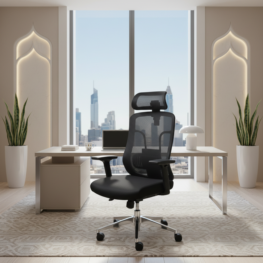 Mesh ergonomic office chair with chrome base in Dubai office – IH 318H office chair UAE delivery