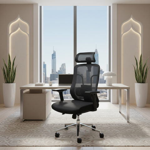 Mesh ergonomic office chair with chrome base in Dubai office – IH 318H office chair UAE delivery