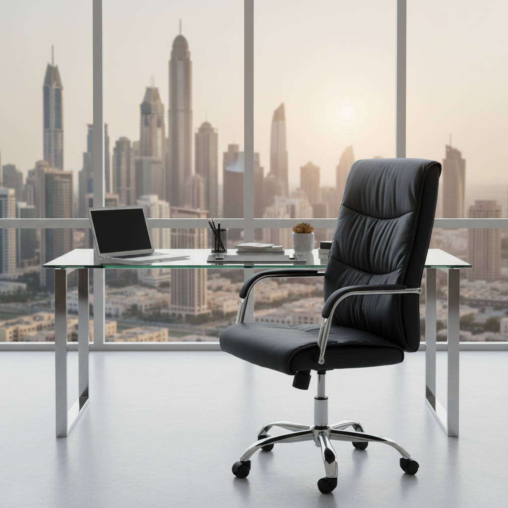Black executive office chair IH-107 with Dubai skyline view – premium office furniture in UAE