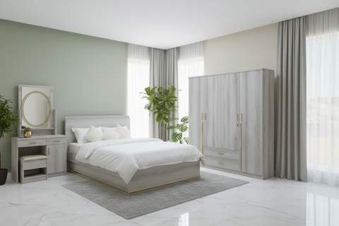 Modern Grey Bedroom Set with 4-Door Wardrobe & Vanity Table | Premium Bedroom Furniture Dubai