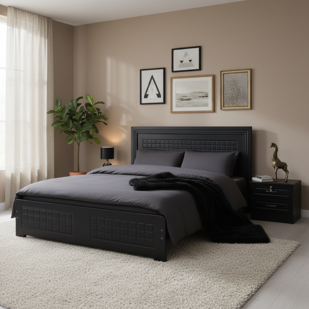 Black Upholstered Bed with Quilted Headboard in Modern Bedroom – Abu Dhabi UAE