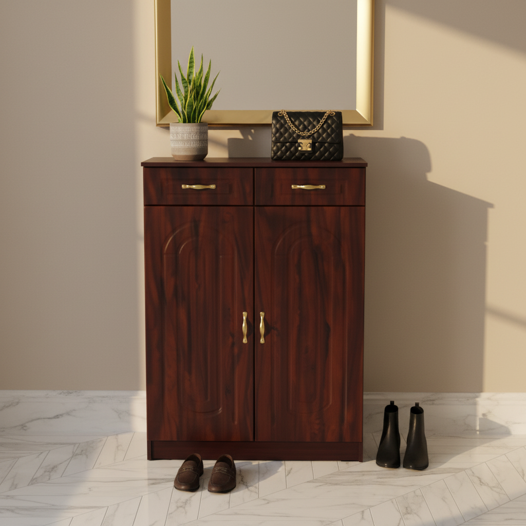 Dark Walnut Shoe Cabinet in UAE Foyer with Gold Mirror | Luxury Entryway Storage Furniture Dubai | INFINI HOMES