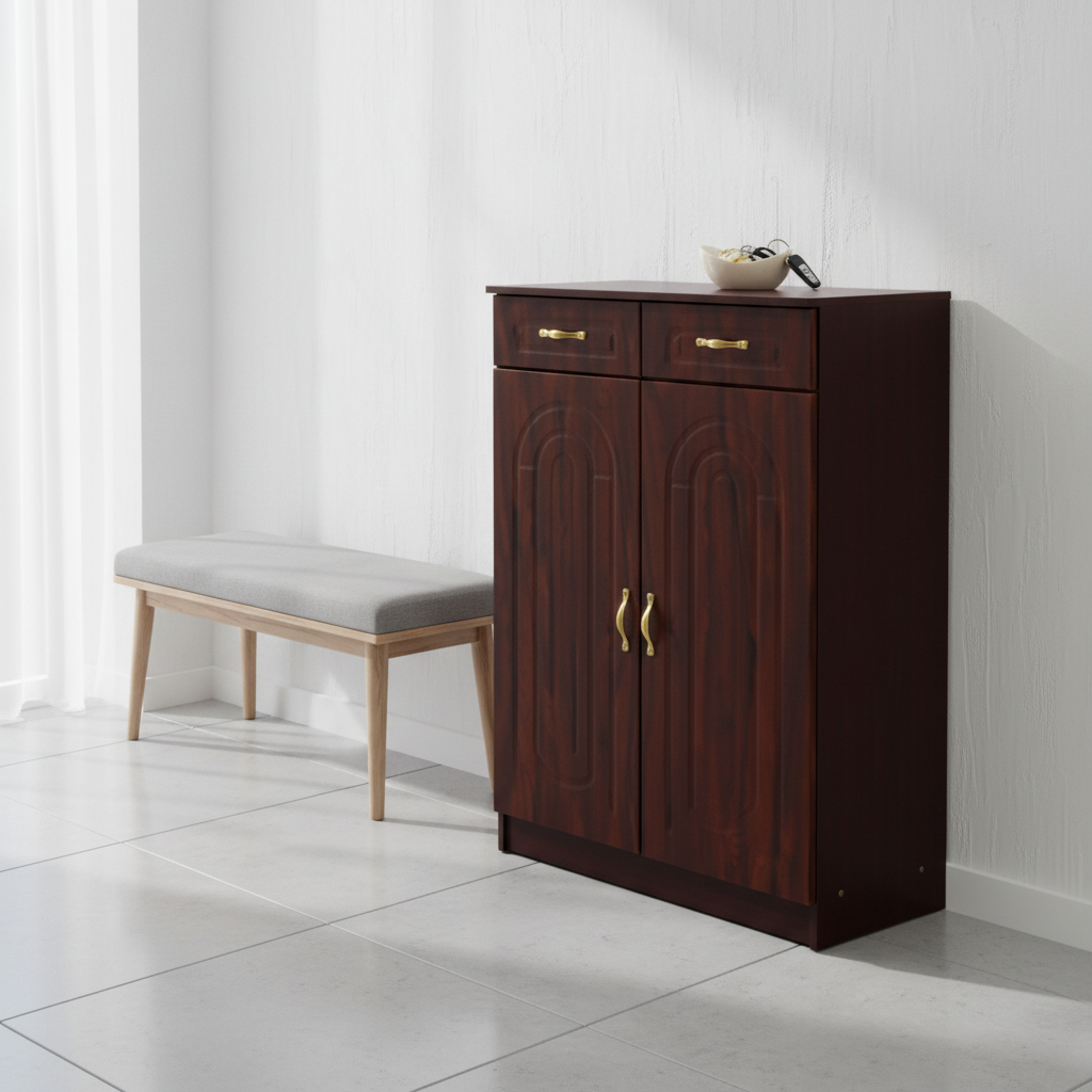 Dark Walnut Shoe Cabinet Minimalist Entryway Dubai | Arch Panel Double Door with Gold Handles | Premium Hallway Furniture UAE | INFINI HOMES