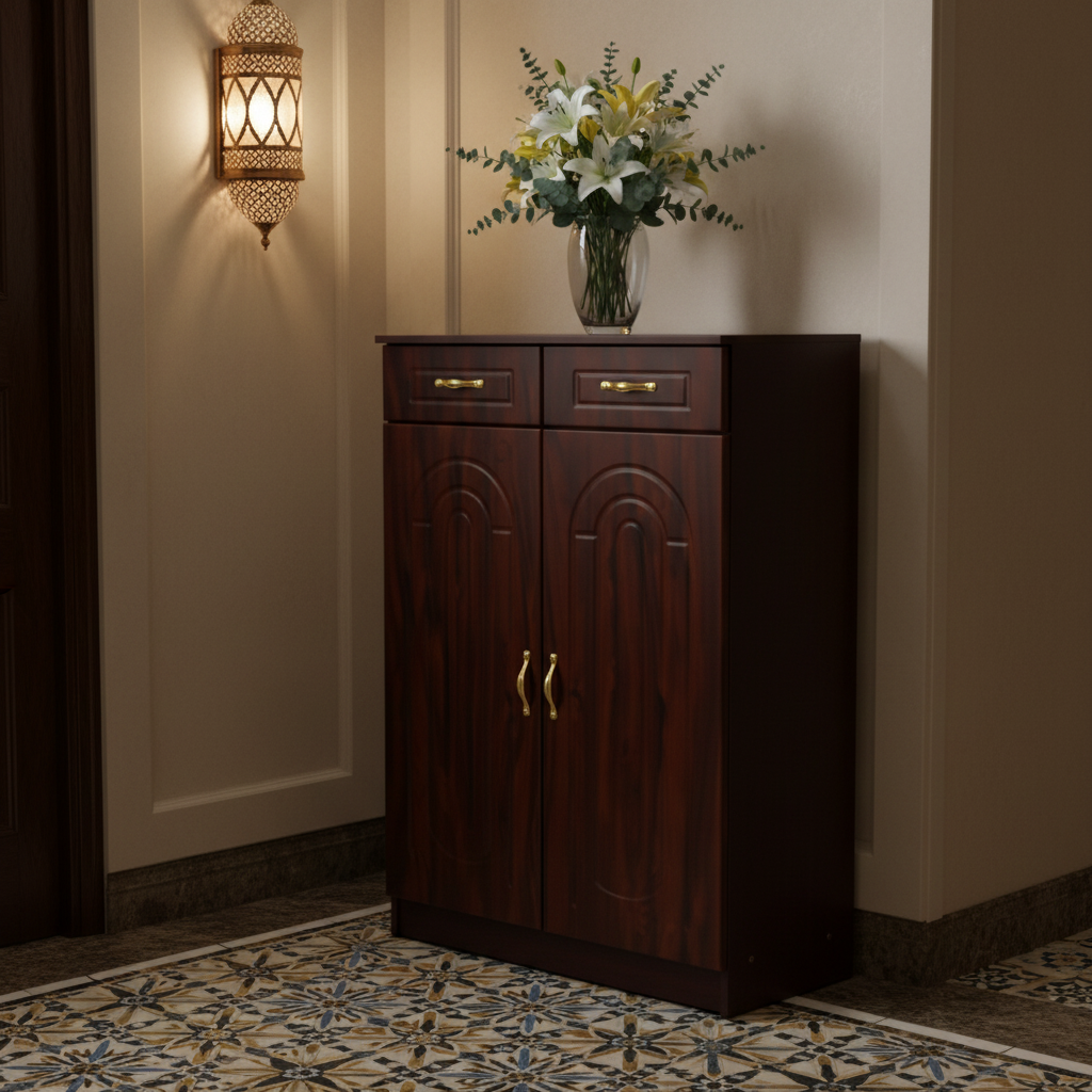 Dark Walnut Shoe Cabinet Arabic Style Entryway Dubai | Moroccan Lantern Hallway Decor | Luxury Shoe Storage UAE | INFINI HOMES
