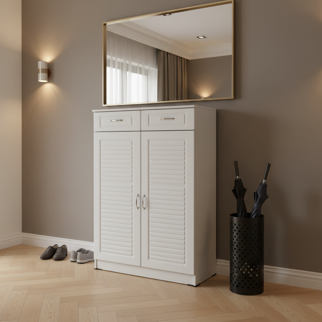 White Shoe Cabinet in Warm-Toned Hallway with Gold Mirror – Entryway Storage Cabinet UAE | INFINI HOMES
