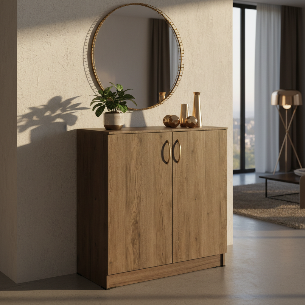 Wooden Shoe Rack Natural Oak Finish Dubai | Luxury Entryway Cabinet UAE | INFINI HOMES IH-S08