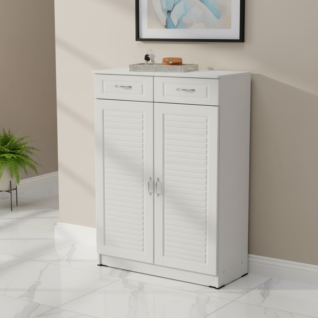 White Shoe Cabinet with Louvred Doors Styled in Modern UAE Entryway – Shoe Storage Dubai | INFINI HOMES