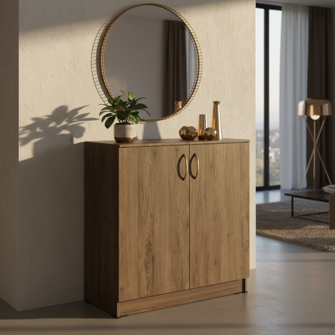 Wooden Shoe Rack Natural Oak Finish Dubai | Luxury Entryway Cabinet UAE | INFINI HOMES IH-S08