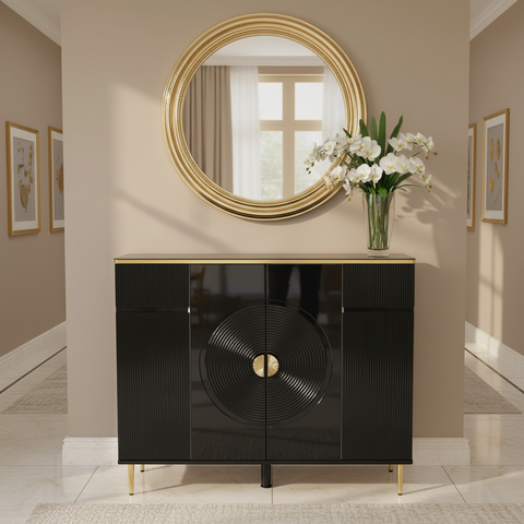 High Gloss Shoe Cabinet with Glass Top | IH S-83 | Black