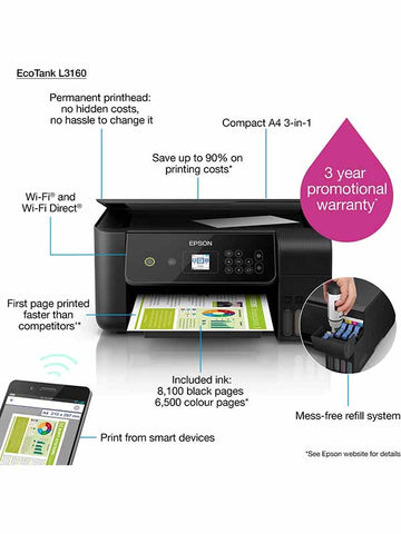 Epson EcoTank L3160 A4 Wi-Fi All-in-One Ink Tank Printer UAE | Dubai Abu Dhabi Sharjah Ajman Fujairah Ras Al Khaimah Umm Al Quwain