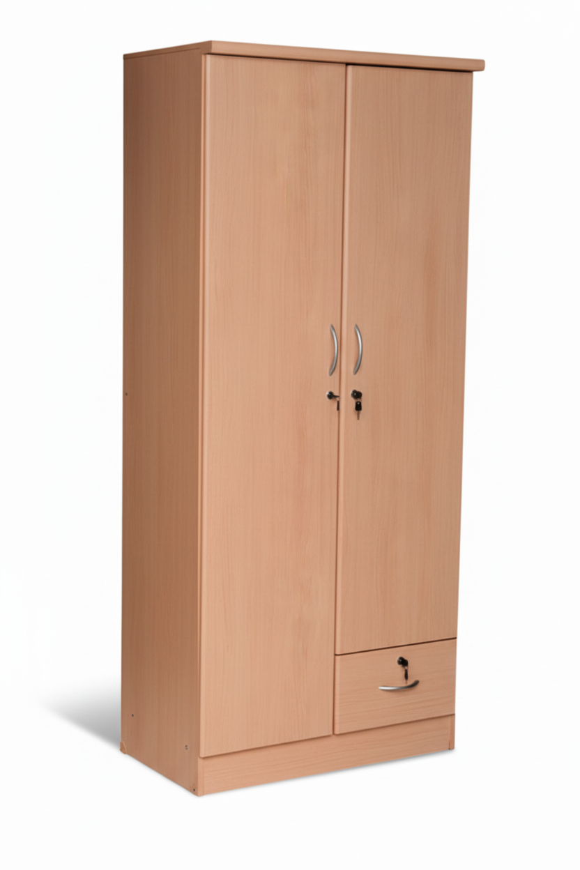 INFINI HOMES 2 Door Wooden Wardrobe UAE - White Engineered Wood 1 Lockable Drawer Modern Dubai Abu Dhabi Sharjah Beige