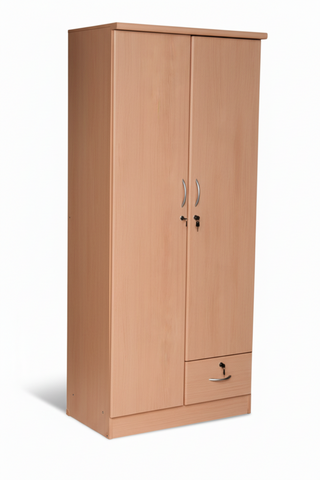 INFINI HOMES 2 Door Wooden Wardrobe UAE - White Engineered Wood 1 Lockable Drawer Modern Dubai Abu Dhabi Sharjah Beige