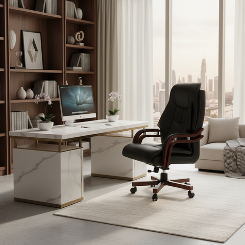 Executive Manager Office Chair with Wooden Arms - Premium PU Leather Recliner UAE | IH 9988