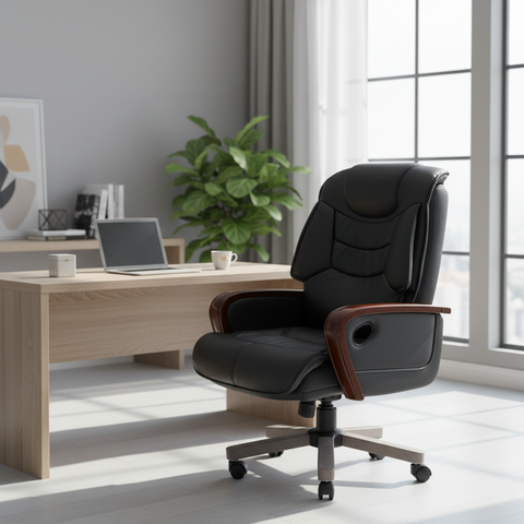 Executive Manager Office Chair Black - PU Leather Recliner with Wooden Arms | UAE | IH 7026