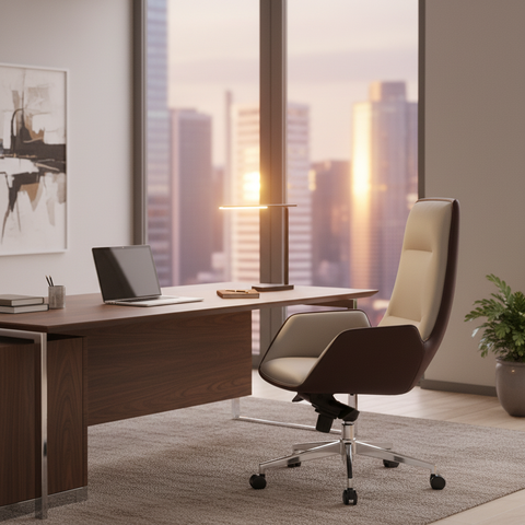 Executive Office Chair PU Leather High Back - Boss Chair BEIGE+ BROWN | UAE | IH 965