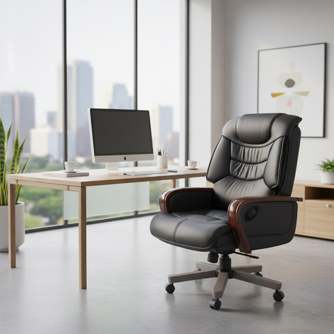 Executive Manager Office Chair Black - PU Leather Recliner with Wooden Arms | UAE | IH 7026