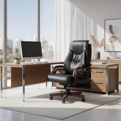 Executive Manager Office Chair with Wooden Arms - Premium PU Leather Recliner UAE | IH 9988