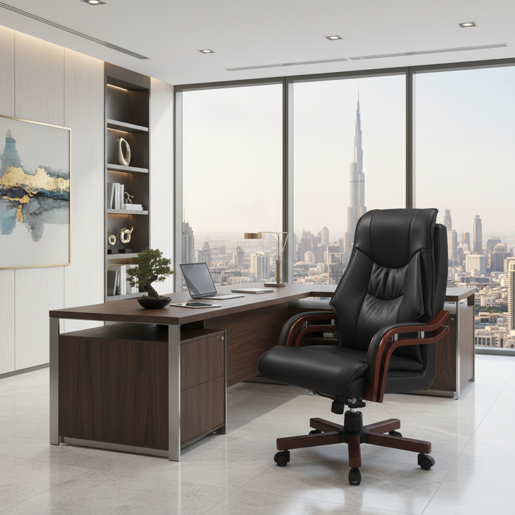 Executive Manager Office Chair with Wooden Arms - Premium PU Leather Recliner UAE | IH 9988
