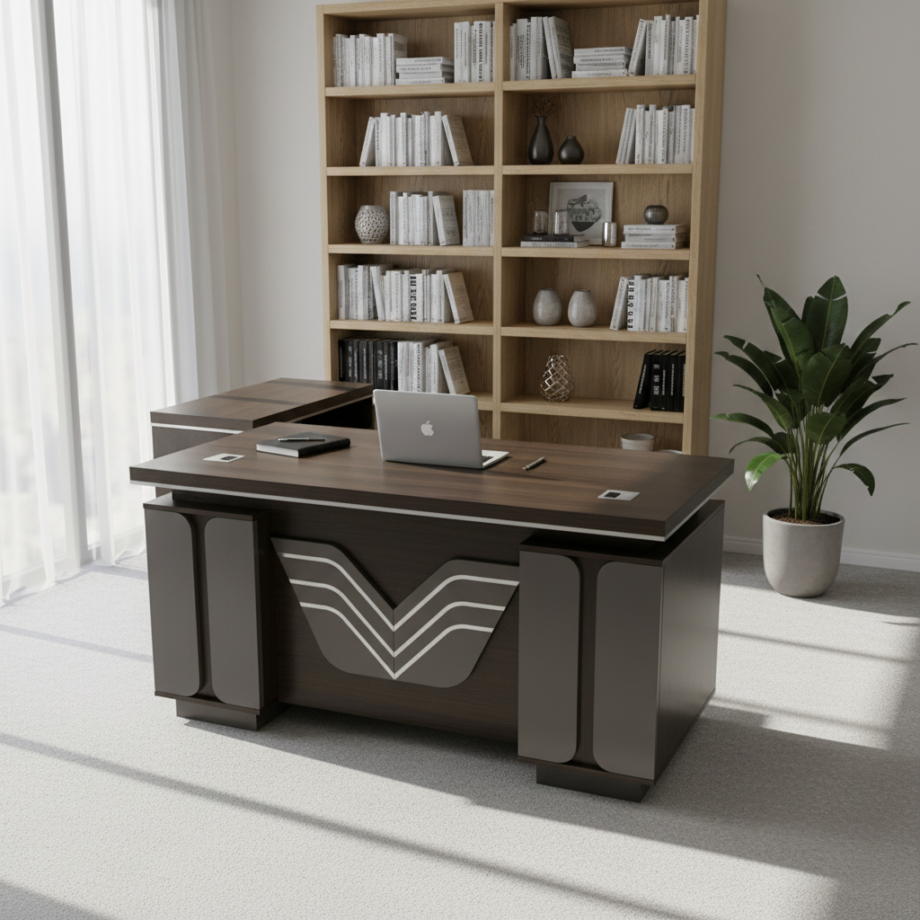 L-Shape Office Desk IH-5214-L | 140×70×75 cm | Coffee, Grey & Khaki