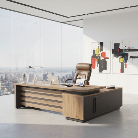 L-Shape Office Desk 1.6M Oak & Khaki | Premium Corner Desk UAE | IH 4316
