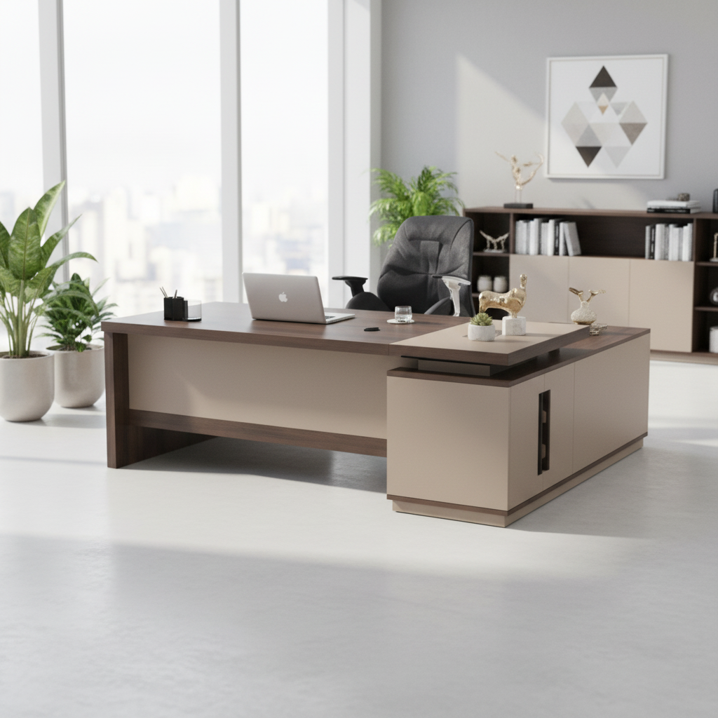 L-Shape Office Desk 1.6M Coffee & Khaki UAE | Premium Executive Workstation Dubai