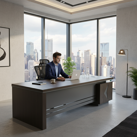 L-Shape Office Desk 1.8m Coffee Grey | Premium Executive Desk UAE