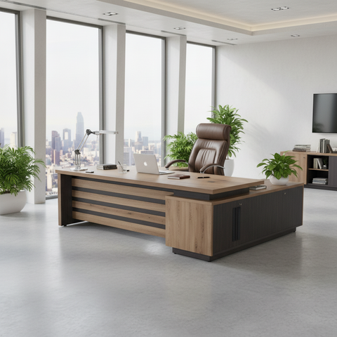 L-Shape Office Desk 1.6M Oak & Khaki | Premium Corner Desk UAE | IH 4316