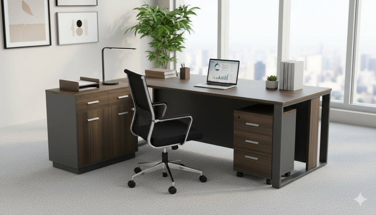 Executive Office Desk 200x90cm with Side Table & Pedestal Drawer | Premium Office Furniture Dubai UAE