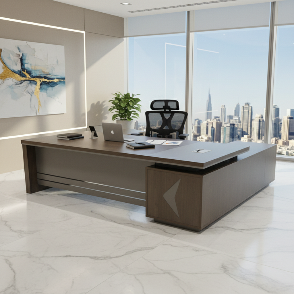 L-Shape Office Desk 1.8m Coffee Grey | Premium Executive Desk UAE