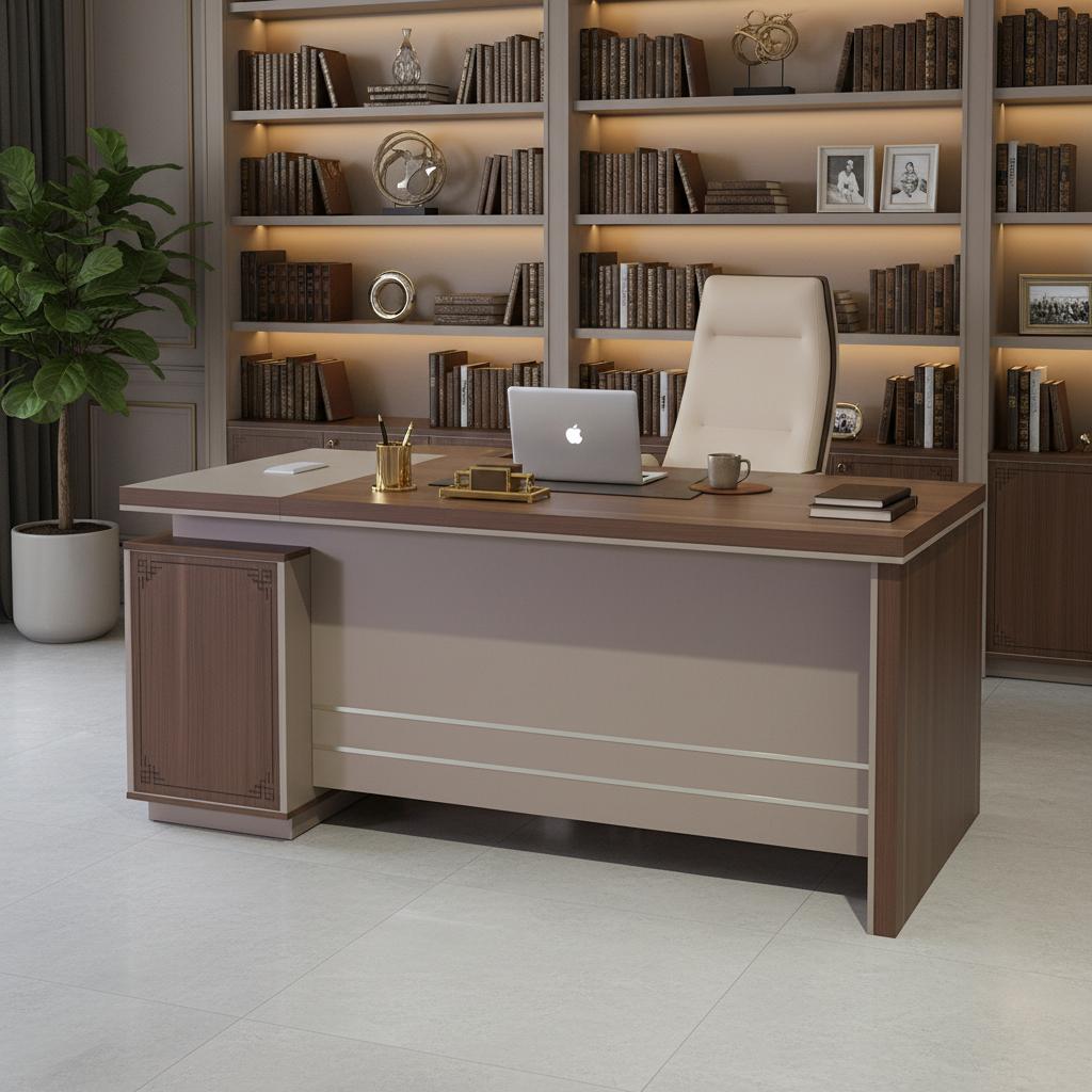 L-Shape Office Desk 1.8m Oak & Khaki - Premium Executive Workstation UAE | IH 4218