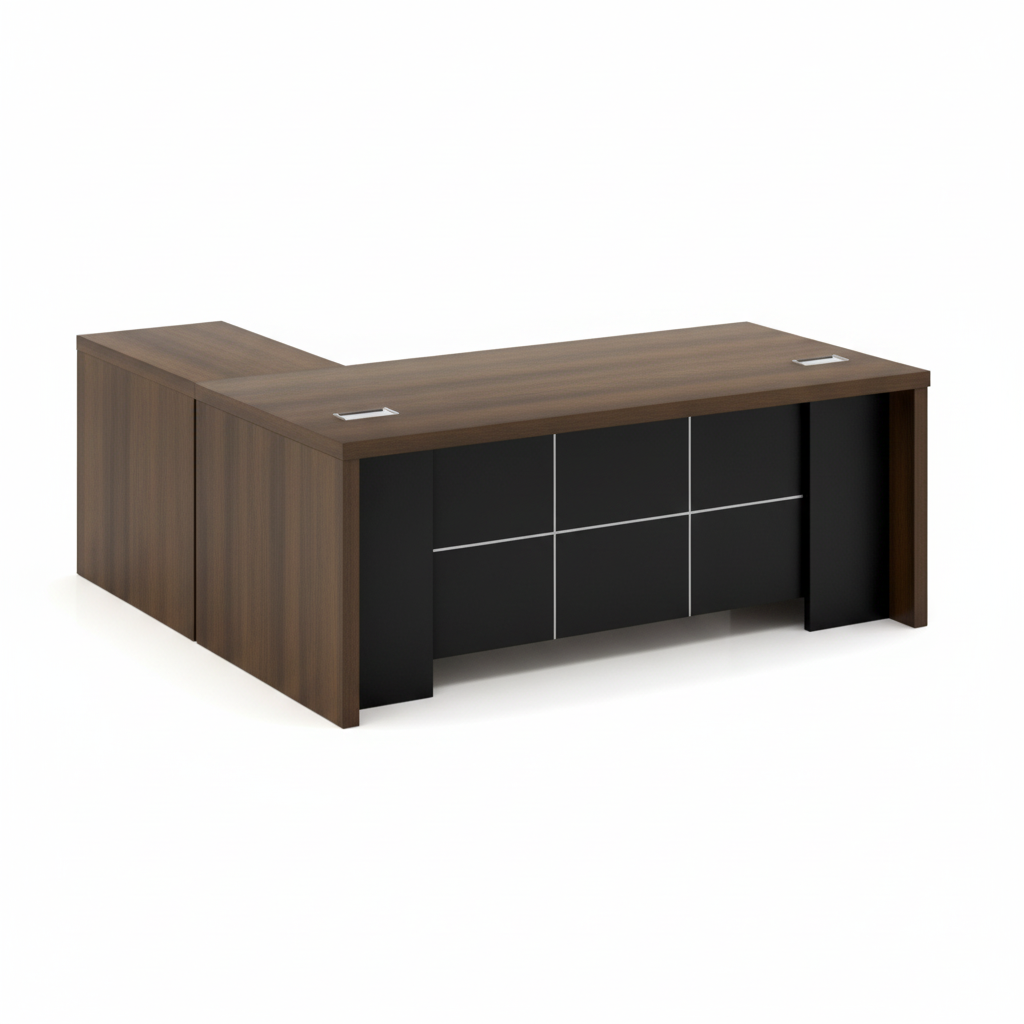 L-Shaped Office Desk 180cm - Leo Executive Corner Table with Drawers | Walnut Grey